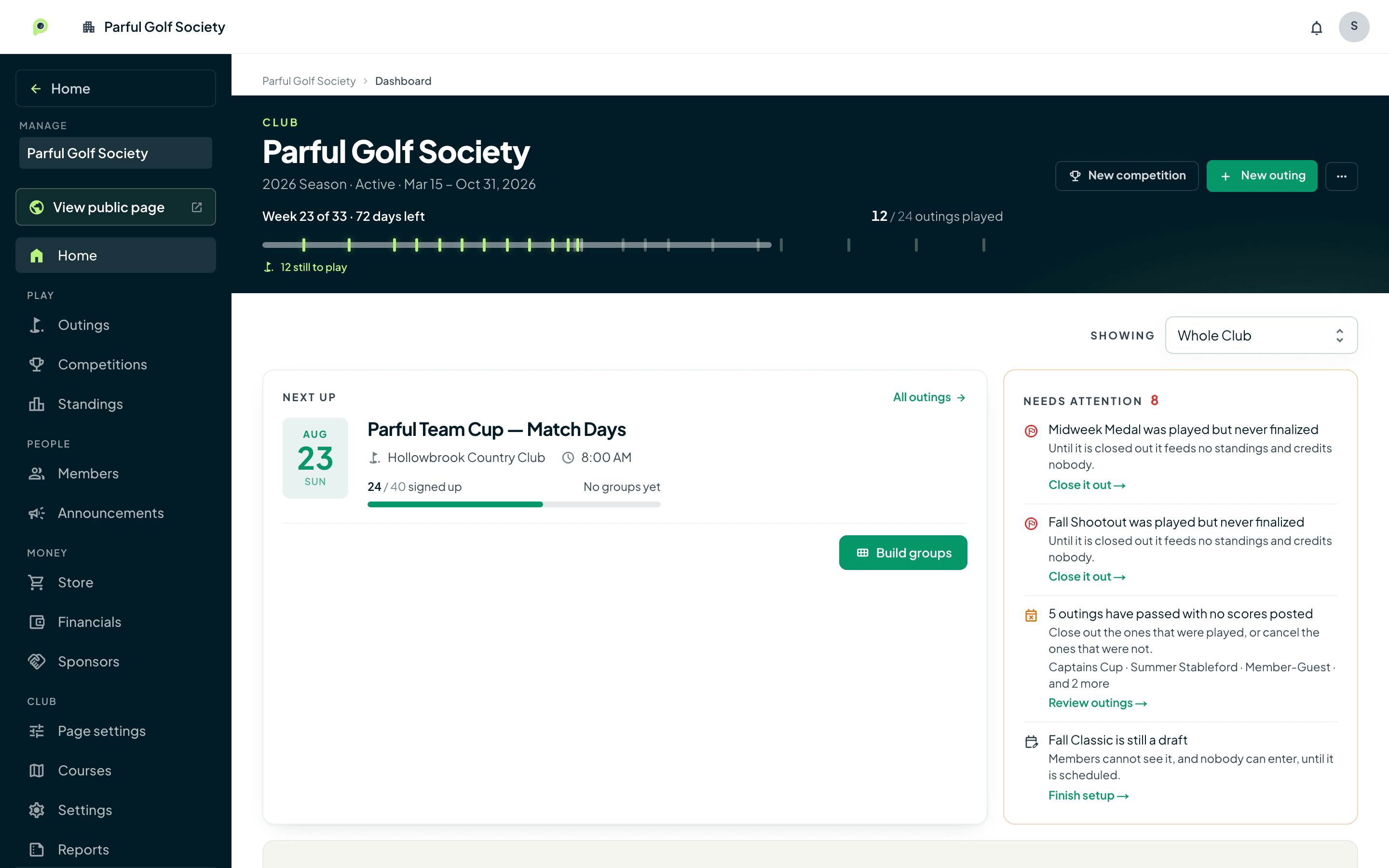 Golf club dashboard in Parful with the season clock and the next outing