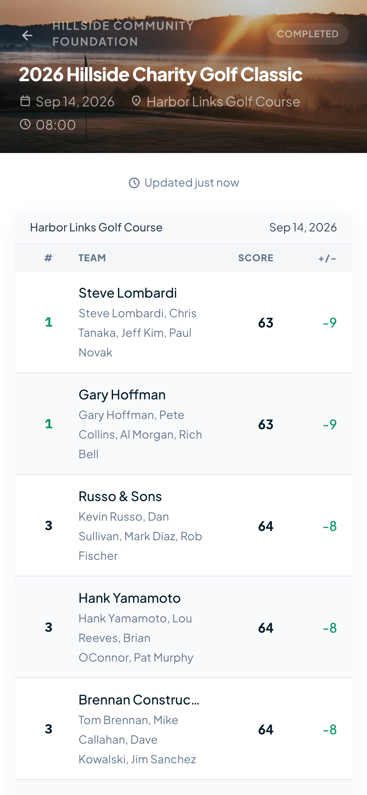 Live golf tournament leaderboard on a phone