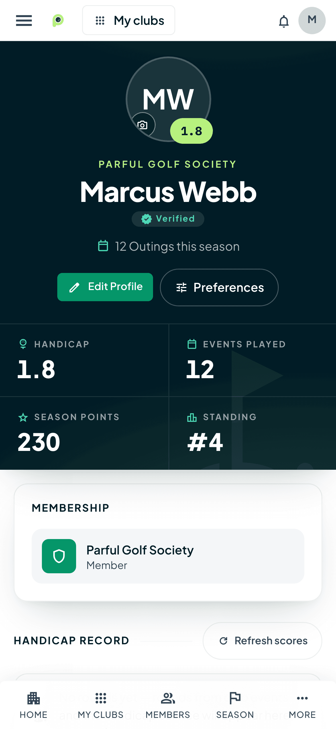 Member profile on a phone with handicap trend and season history