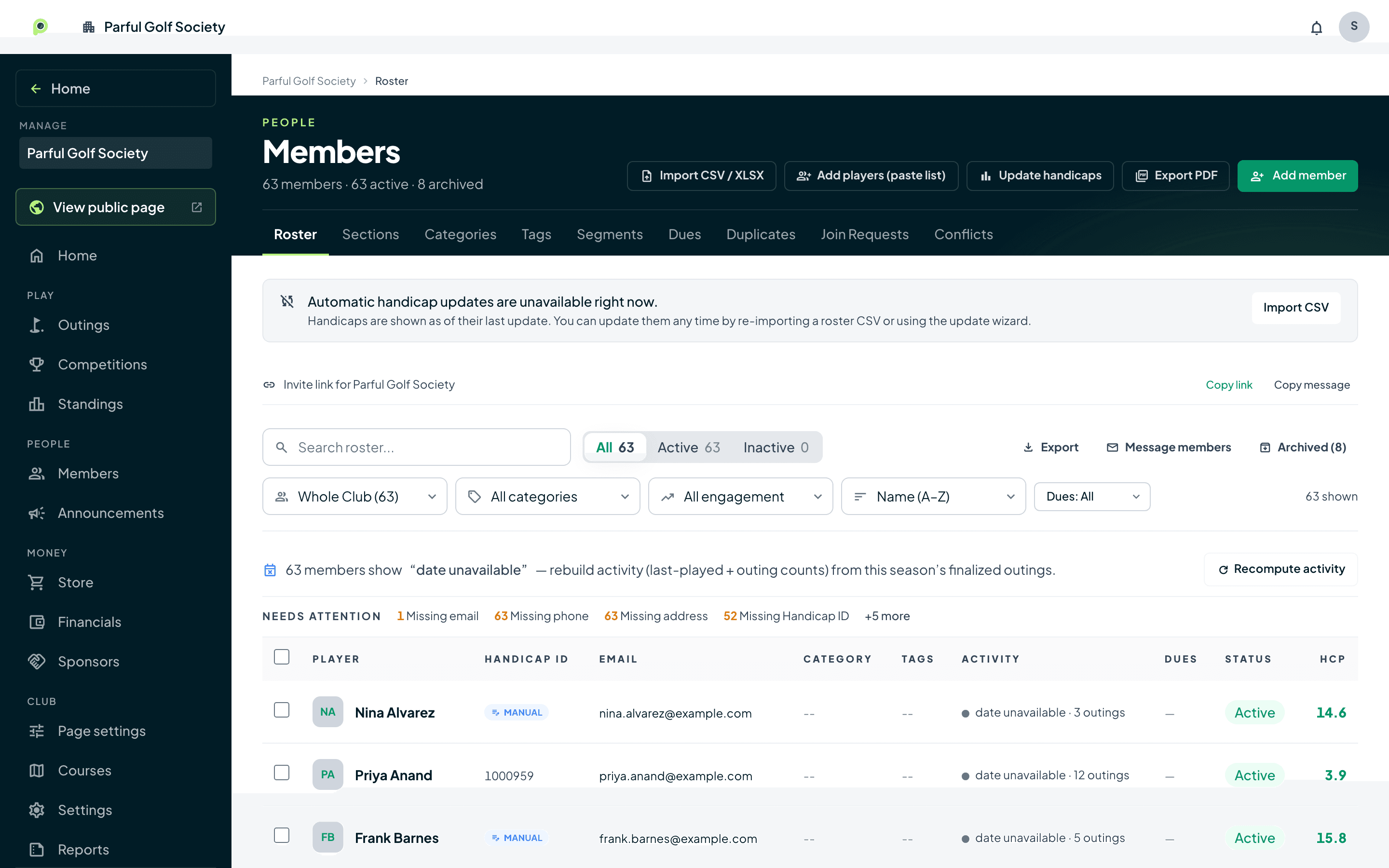 Golf club member roster in Parful with dues status and handicaps