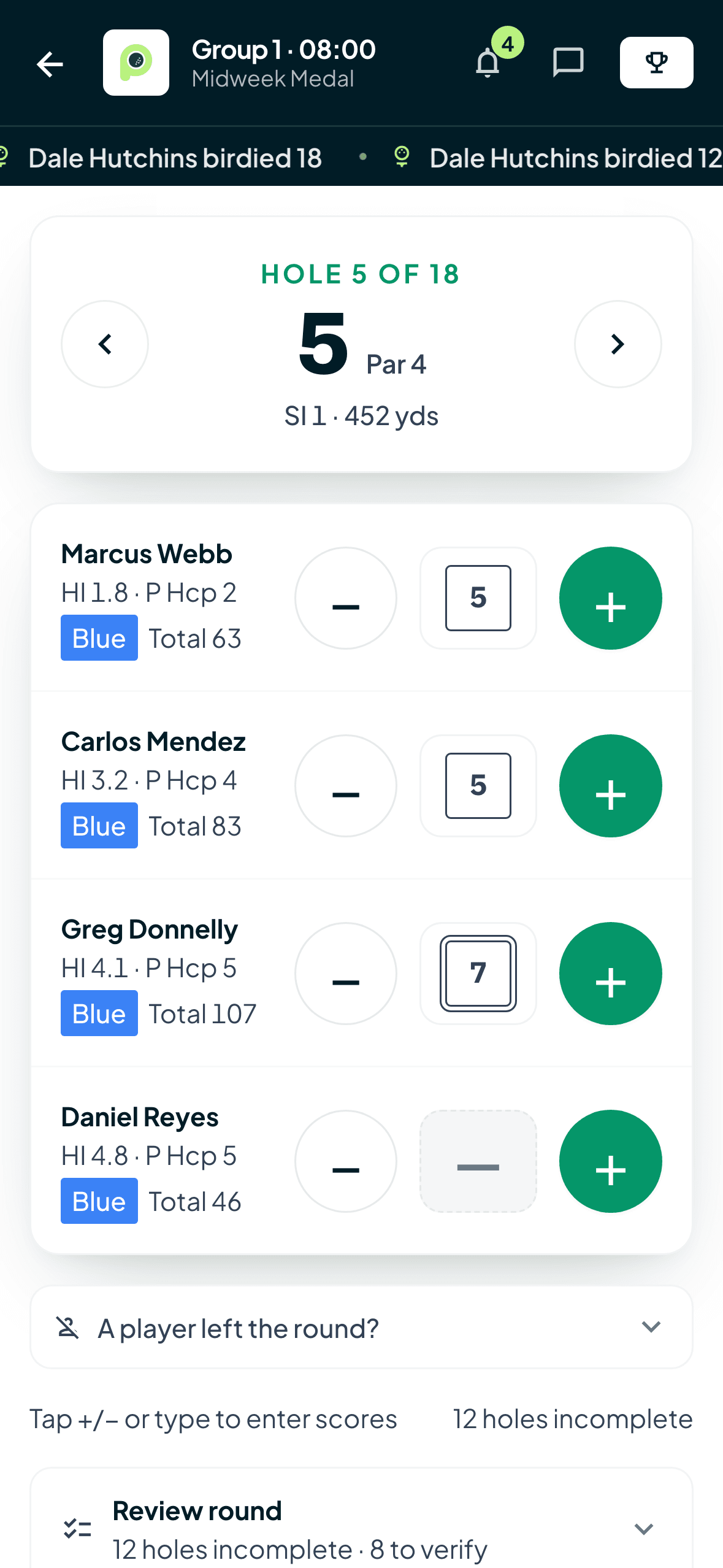 Group scorecard on a phone with par, stroke index and yardage per hole