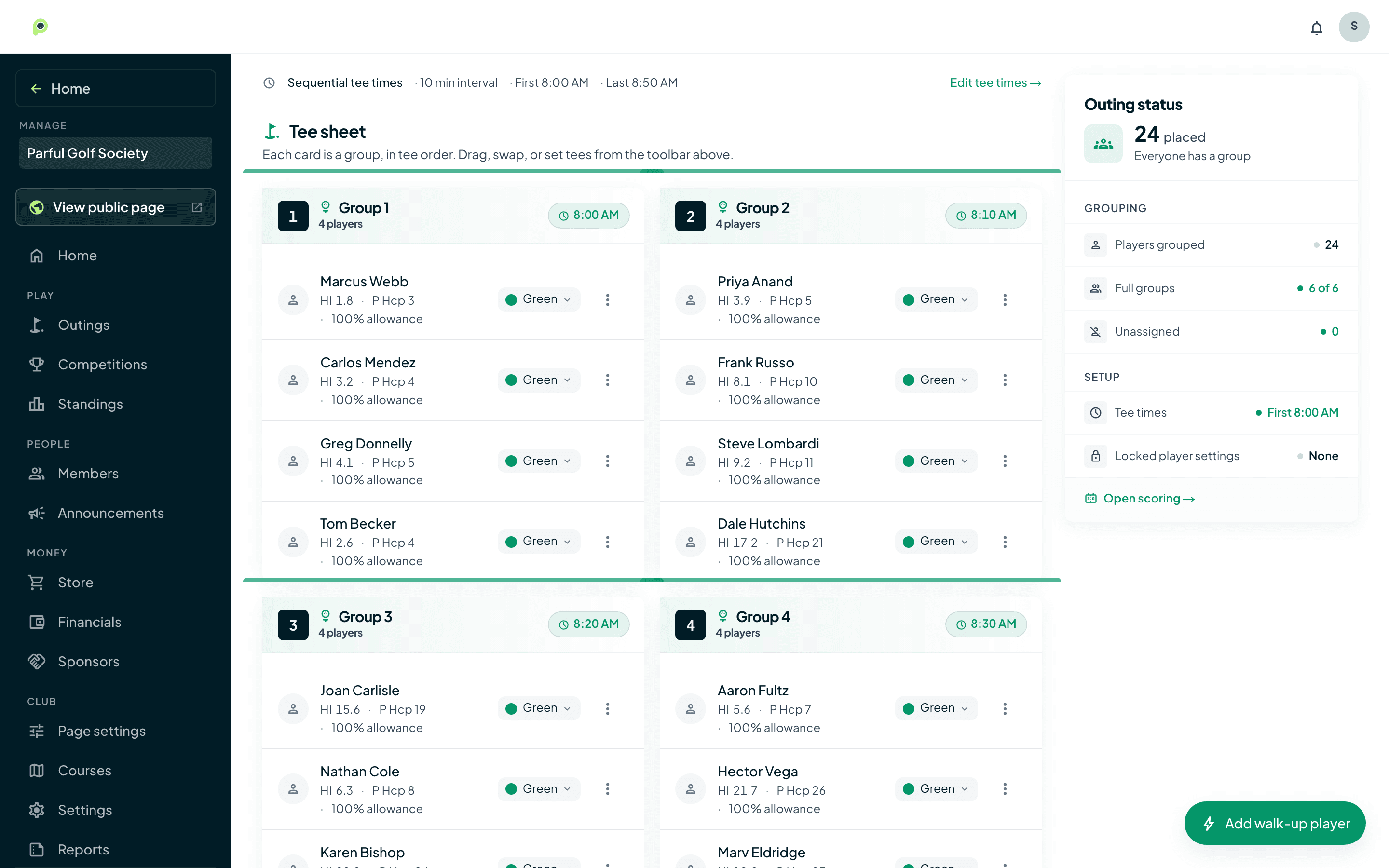 Outing tee sheet in Parful with six groups and per-player tees and handicaps