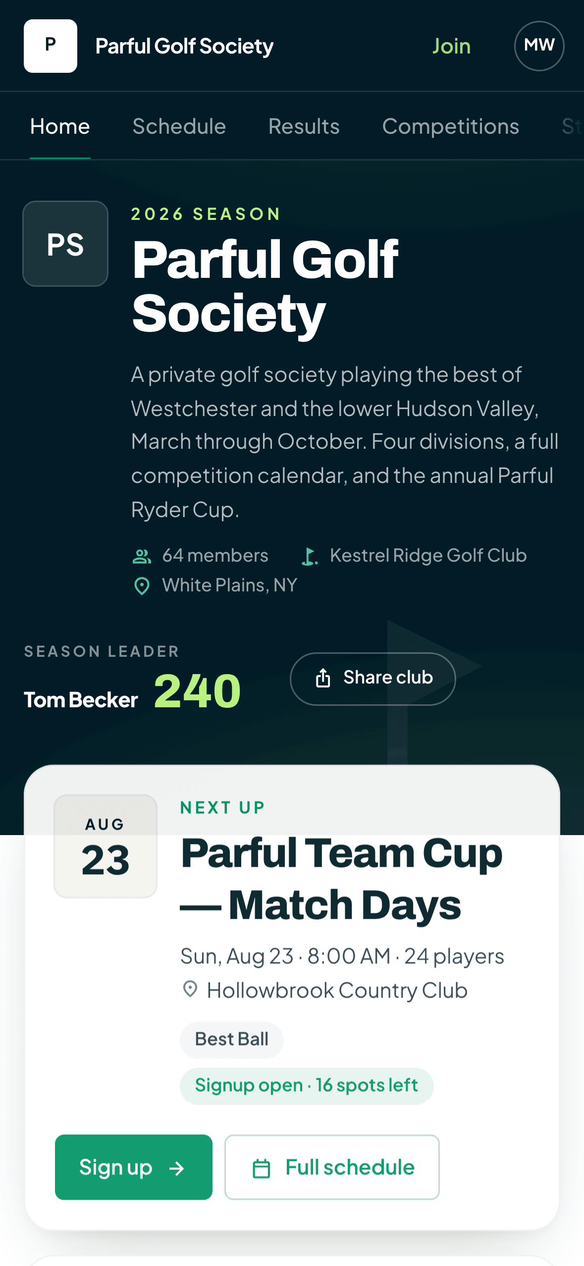Member portal on a phone showing the next outing and standings position